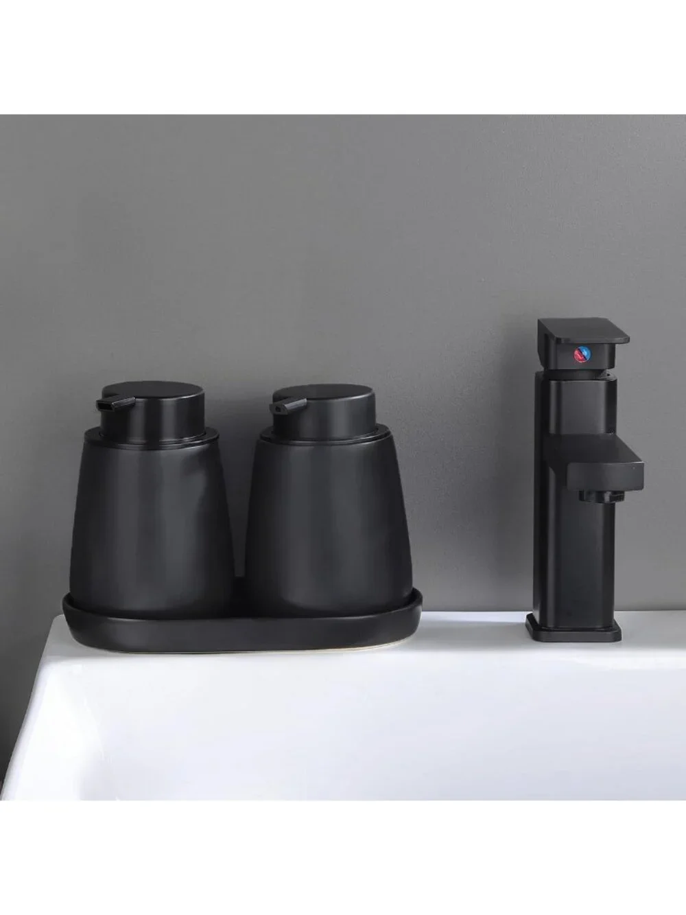 Matte Black Ceramic Vanity Tray - 8'' Round Soap Dispenser, Jewelry & Cosmetic